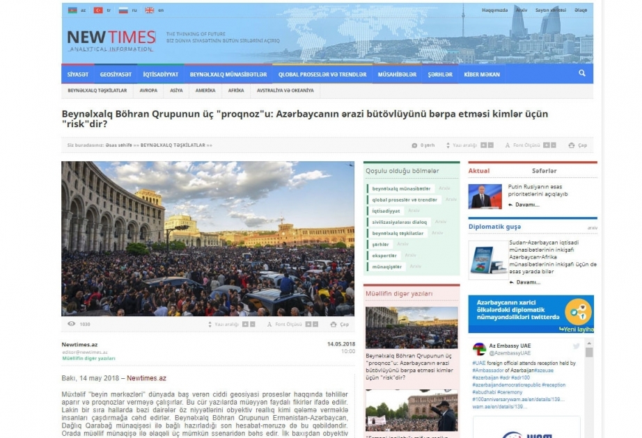 Beynəlxalq Böhran Qrupunun üç "proqnoz"u: Azərbaycanın ərazi bütövlüyünü bərpa etməsi kimlər üçün "risk"dir?