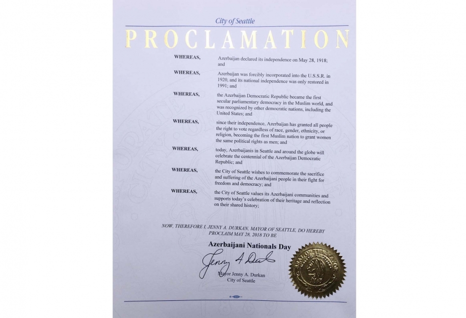 Seattle proclame le 28 mai Journée nationale d’Azerbaïdjan