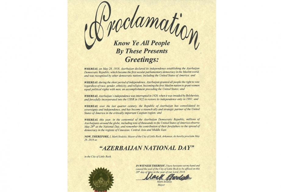 May 28 proclaimed as Azerbaijan`s National Day in Arkansas capital