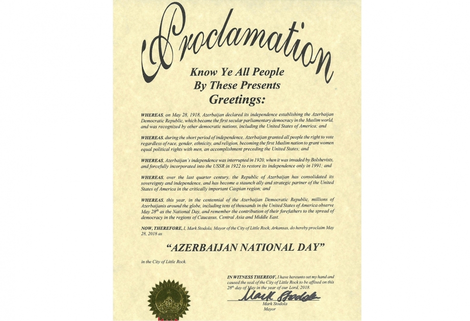 Le 28 mai proclamé Journée nationale d’Azerbaïdjan en Arkansas