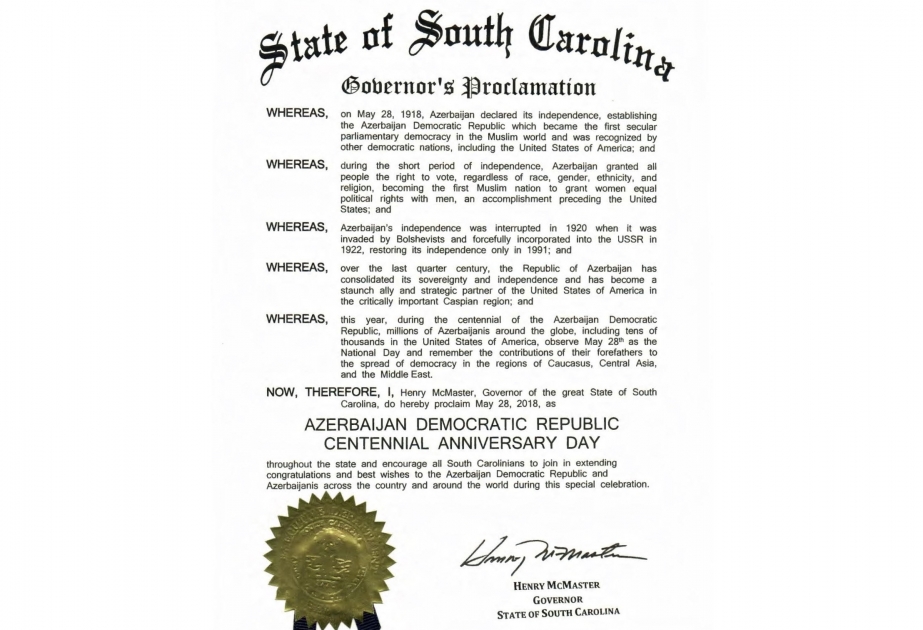 US State of South Carolina issues proclamation on centenary of Azerbaijan Democratic Republic