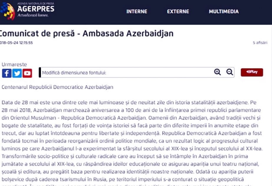 Rumıniyanın “AGERPRES” xəbər agentliyi Azərbaycan Xalq Cümhuriyyətinin 100 illiyi ilə bağlı mətbuat açıqlaması yayıb