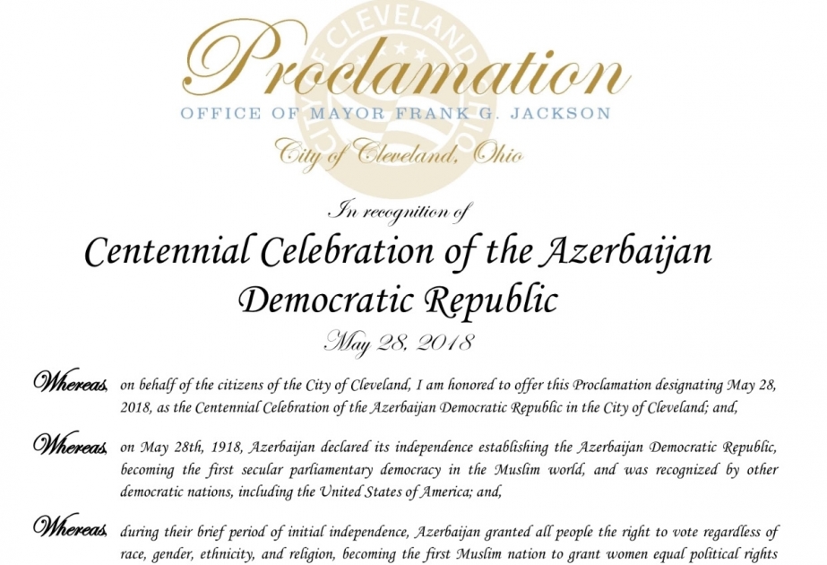Le maire de Cleveland signe une proclamation sur le centenaire de la République démocratique d’Azerbaïdjan
