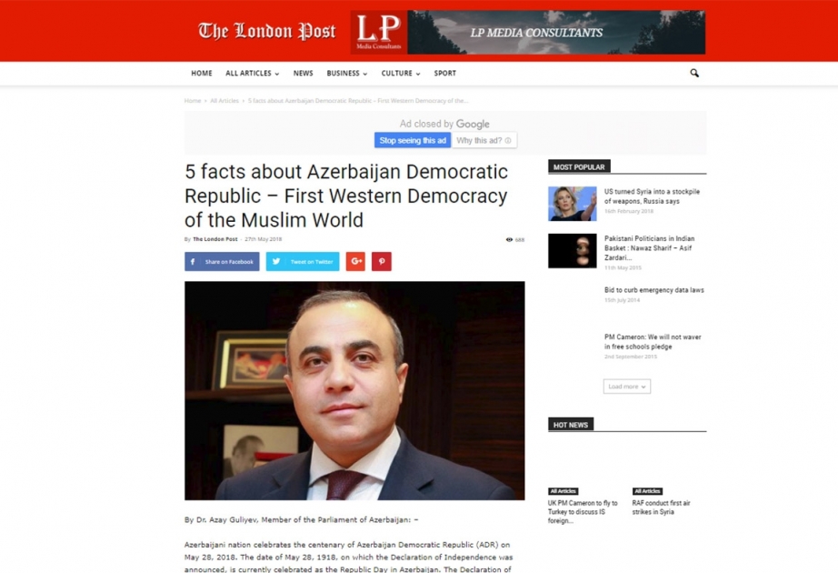 “The London Post” qəzetində Azərbaycan Xalq Cümhuriyyəti ilə bağlı məqalə dərc edilib