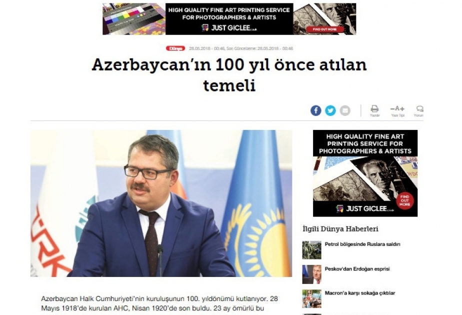 Türkiyənin “Hüriyyət” qəzeti Azərbaycan səfirinin Cümhuriyyətin 100 illiyinə həsr olunan məqaləsini yayıb