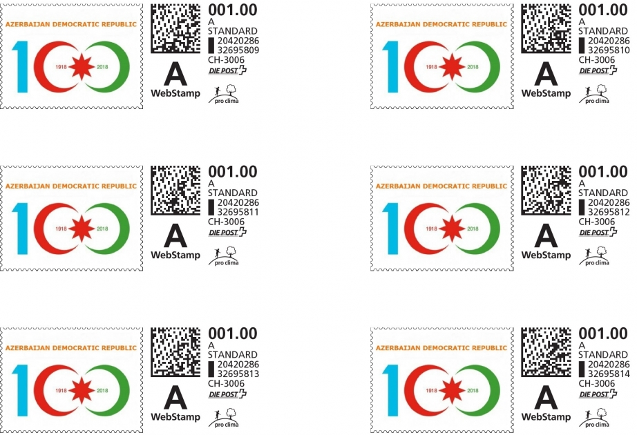 Postage stamp marking centenary of Azerbaijan Democratic Republic issued in Switzerland