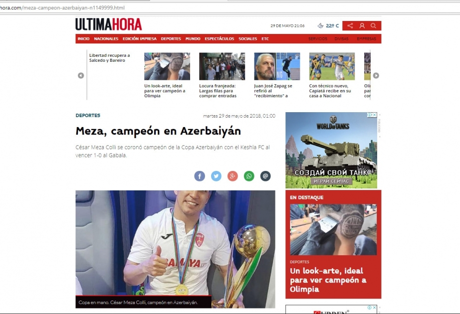Paraqvay mətbuatı futbol üzrə Azərbaycan kubokunun final qarşılaşmasından yazıb