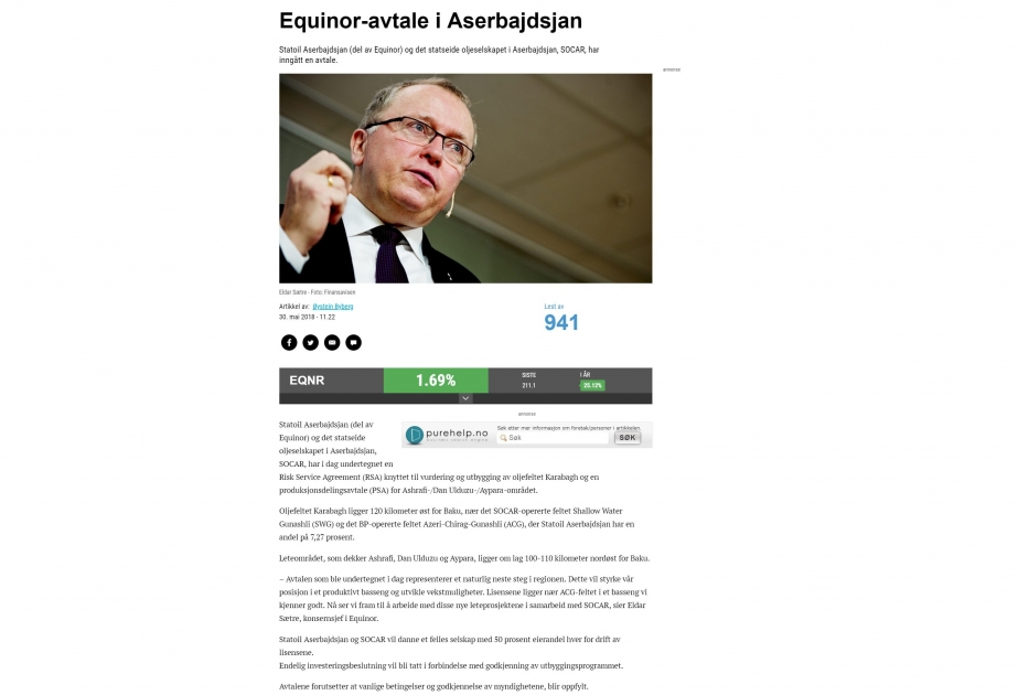 Norveç KİV-ləri “Statoil Azerbaijan” və SOCAR arasında imzalanmış sazişlərdən yazır