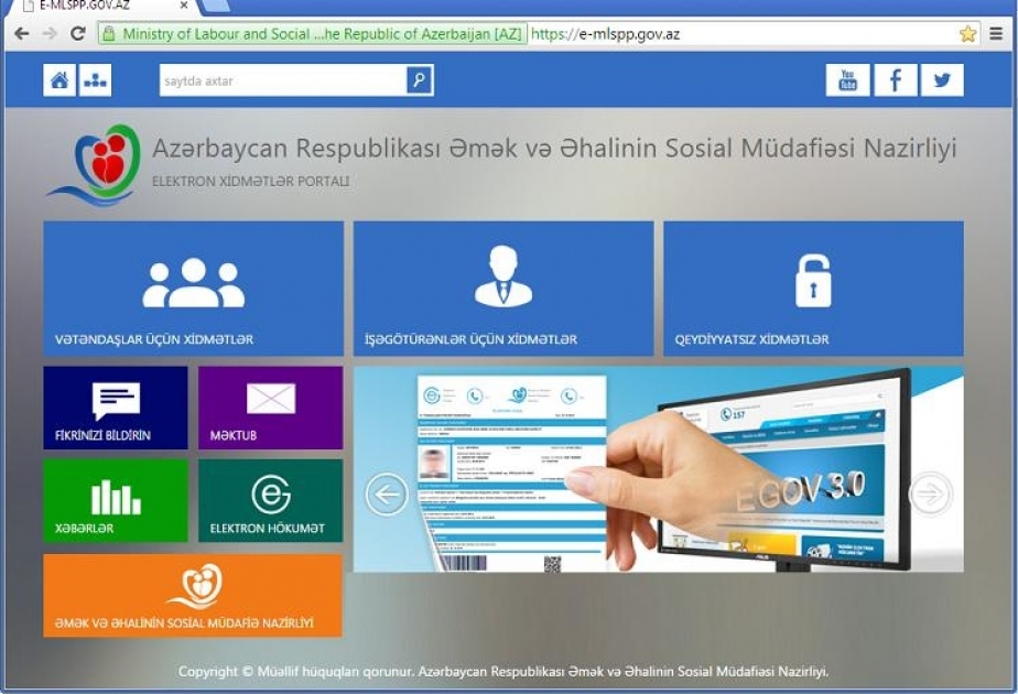 “Elektron Hökumət” portalı vasitəsilə ən çox Əmək və Əhalinin Sosial Müdafiəsi Nazirliyinə müraciət olunub