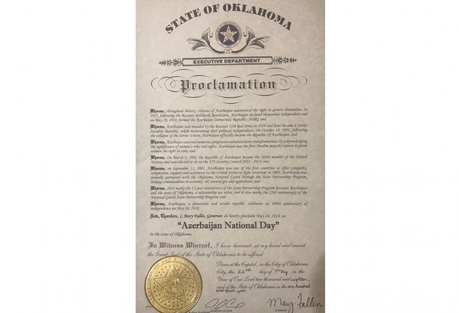 La gouverneur de l’Oklahoma a signé une proclamation à l’occasion du centenaire de la République démocratique d’Azerbaïdjan