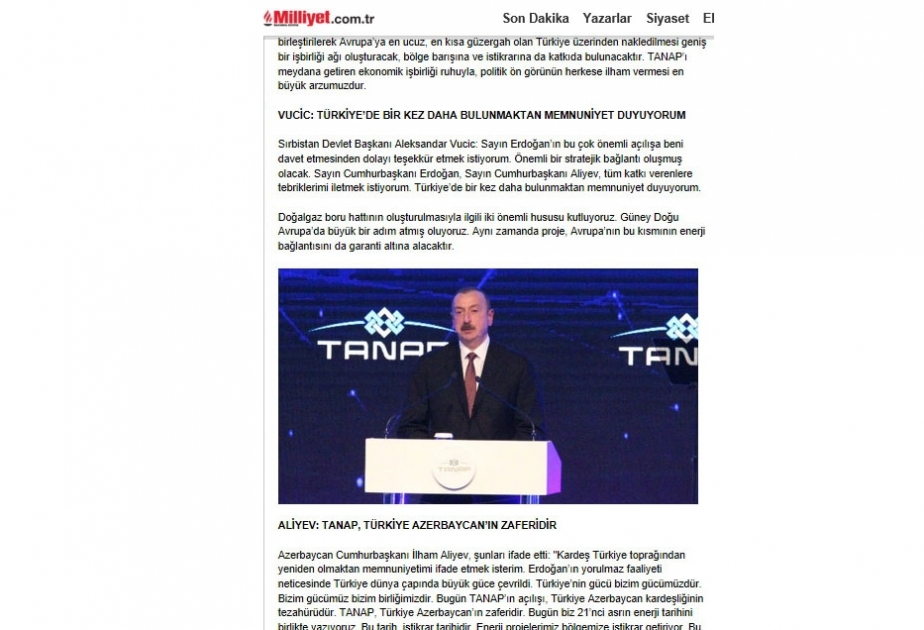 Türkiyə KİV-ləri TANAP-ın reallaşmasını Türkiyə-Azərbaycan qardaşlığının təzahürü kimi dəyərləndirir