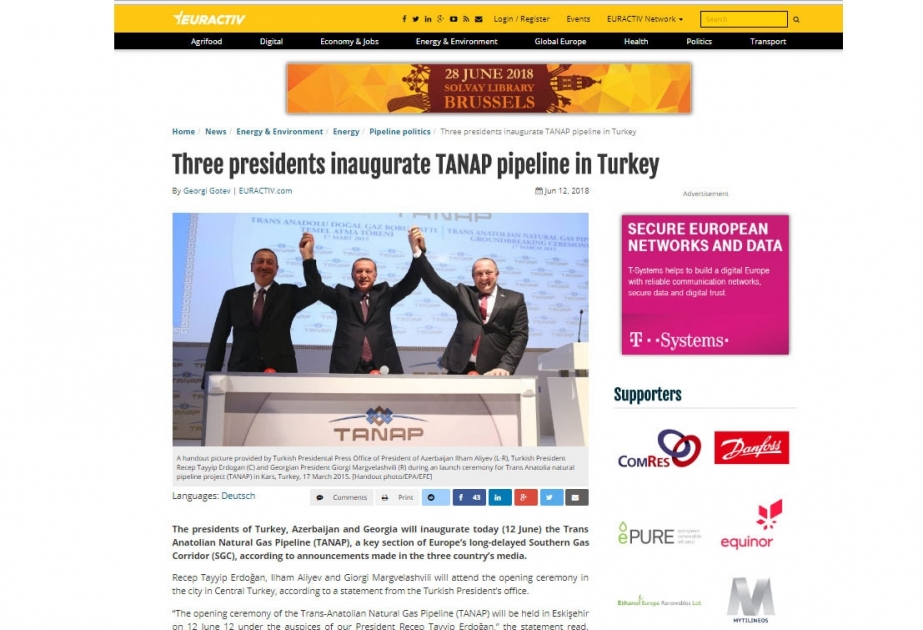 TANAP layihəsinin açılışı Avropa mətbuatının diqqət mərkəzində