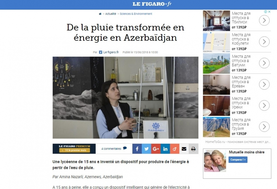 Fransanın “Figaro” qəzeti azərbaycanlı məktəbli Reyhan Camalovanın ixtirasından yazıb