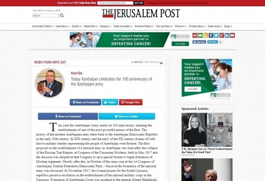 “The Jerusalem Post”: Azərbaycan öz ordusunun 100-cü ildönümünü qeyd edir