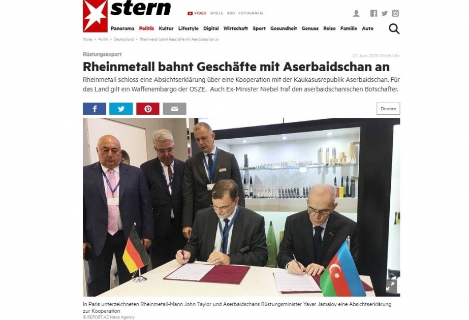 Almaniyanın “Stern” jurnalı Müdafiə Sənayesi Nazirliyi ilə “Rheinmetall” şirkəti arasında protokolun imzalanmasından yazıb