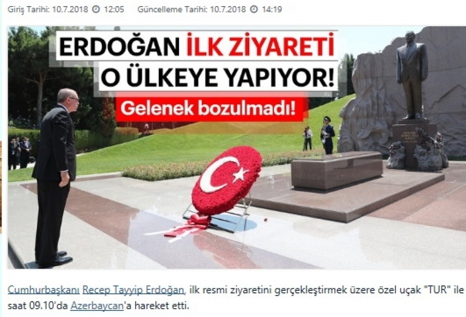 Prezident Rəcəb Tayyib Ərdoğanın Azərbaycan səfəri Türkiyə KİV-lərinin baş xəbəridir