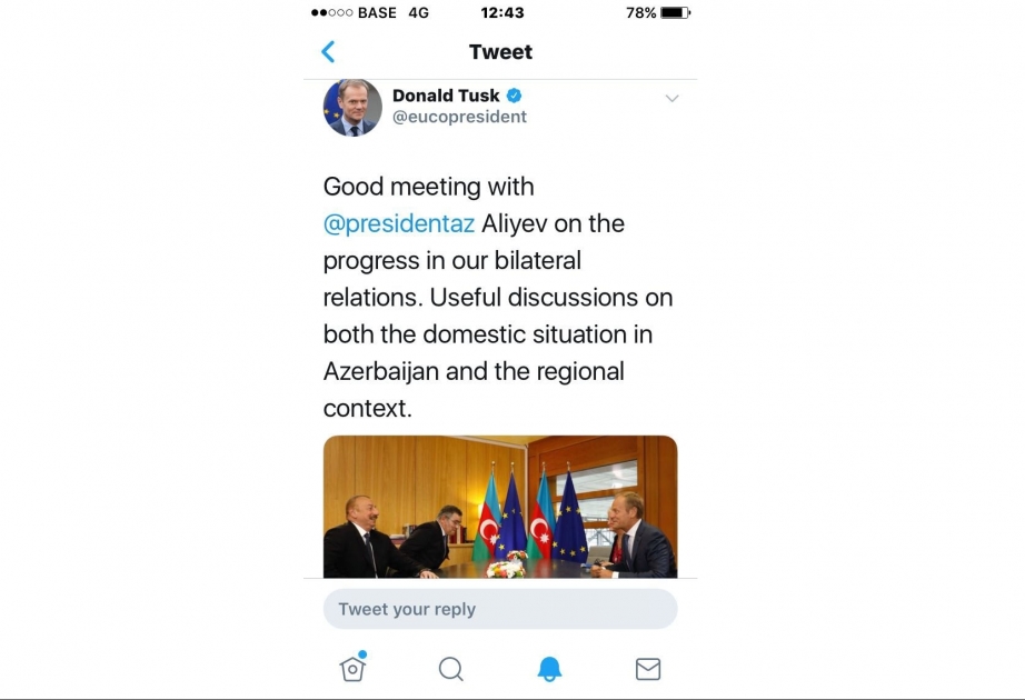 EU officials tweeted about President Ilham Aliyev’s meeting with Donald Tusk in Brussels and conclusion of Partnership Priorities document