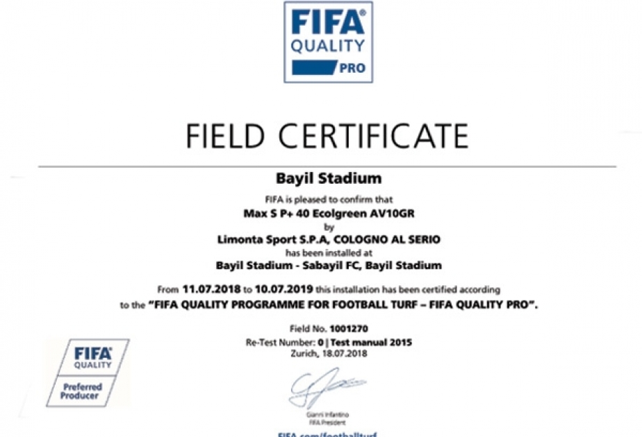 Bayıl stadionunun süni örtüyü FIFA-nın sertifikatına layiq görülüb