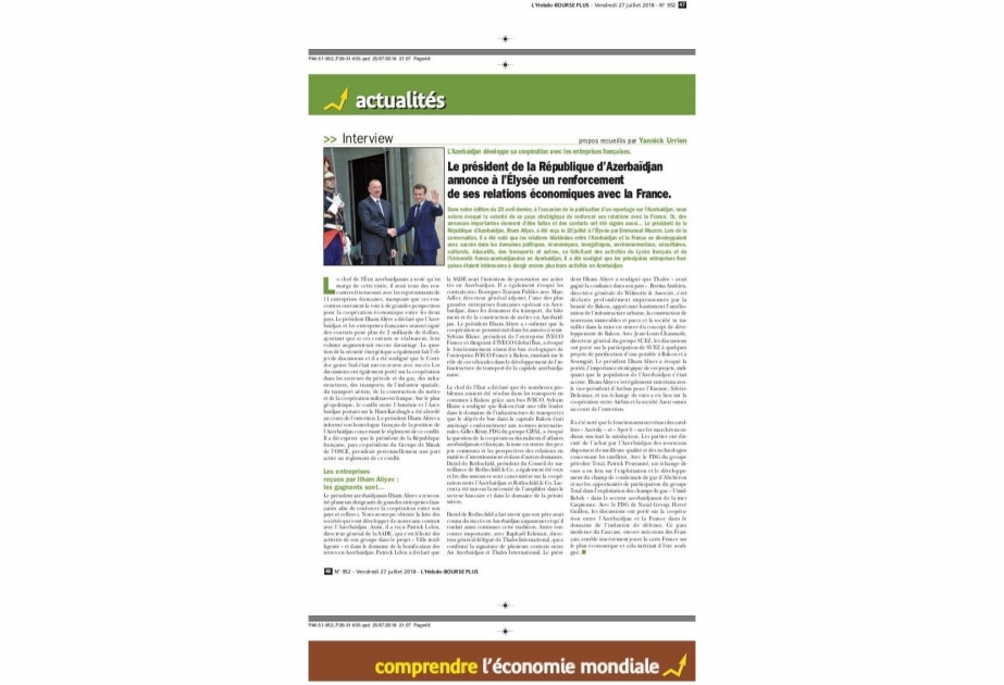 Fransanın “L’Hebdo Bourseplus” qəzeti Azərbaycan Prezidentinin bu ölkəyə səfərindən yazır