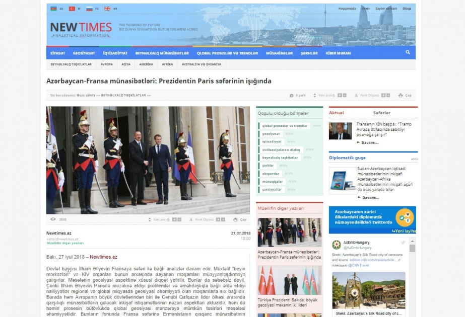 Azərbaycan-Fransa münasibətləri: Prezidentin Paris səfərinin işığında