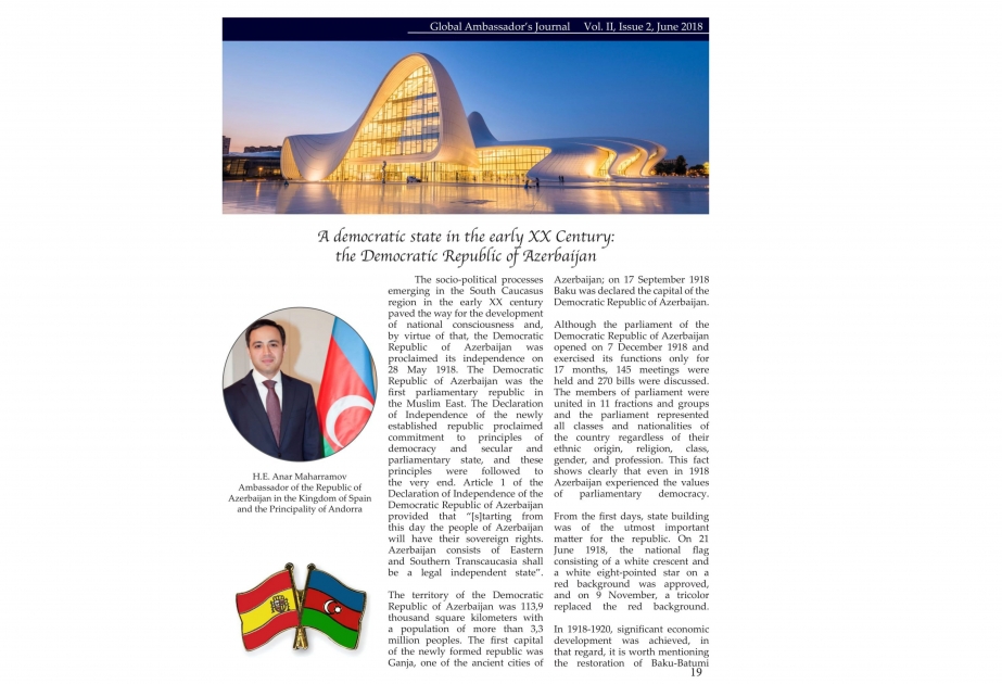 Global Ambassador`s Journal publishes article by Azerbaijani ambassador to Spain