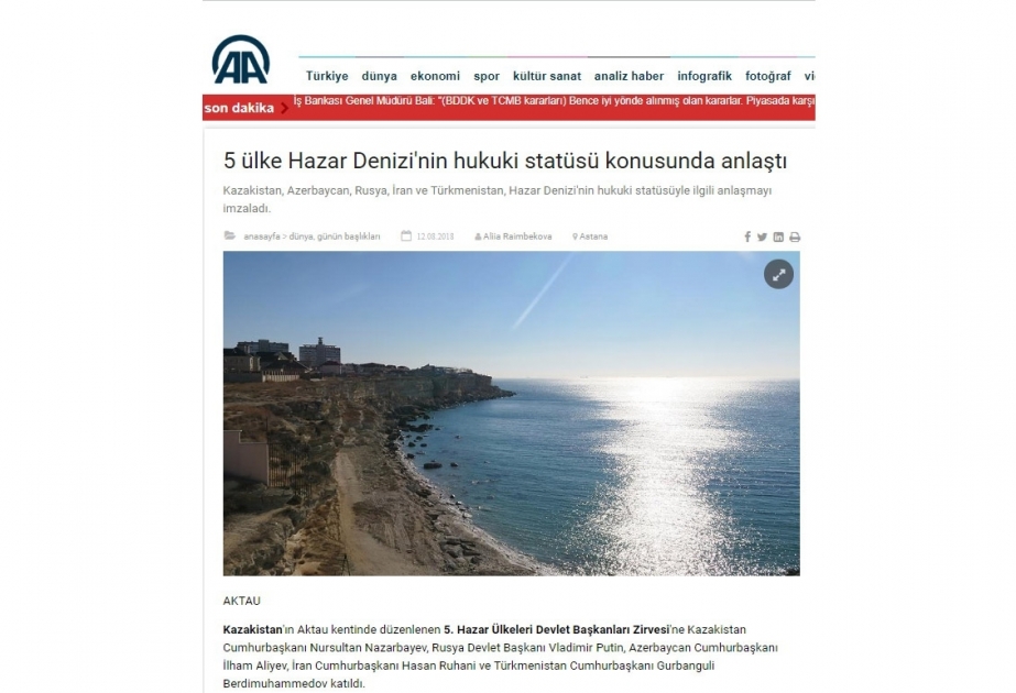 Türkiyə KİV-ləri: Xəzərin hüquqi statusunun müəyyənləşdirilməsi tarixi hadisədir