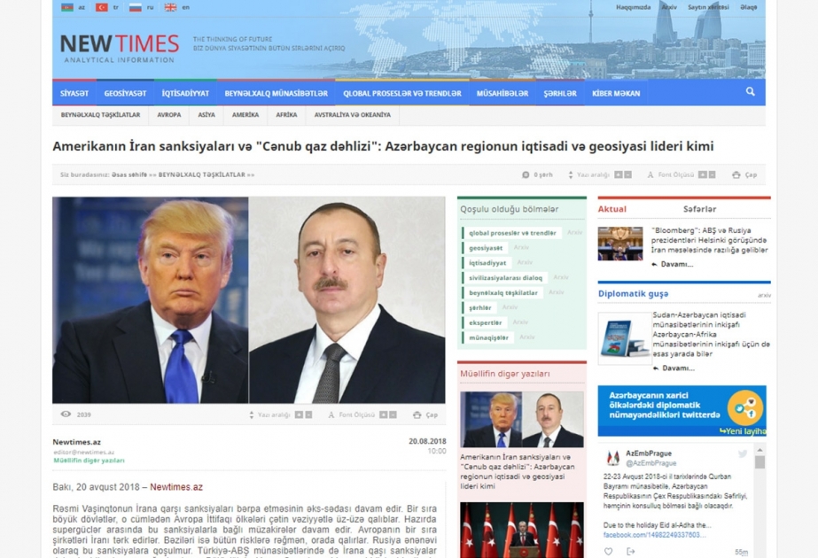Amerikanın İran sanksiyaları və Cənub Qaz Dəhlizi: Azərbaycan regionun iqtisadi və geosiyasi lideri kimi