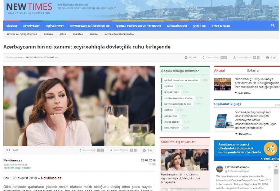 Azərbaycanın birinci xanımı: xeyirxahlıqla dövlətçilik ruhu birləşəndə