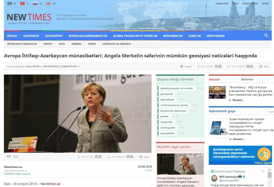 Avropa İttifaqı-Azərbaycan münasibətləri: Angela Merkelin səfərinin mümkün geosiyasi nəticələri haqqında