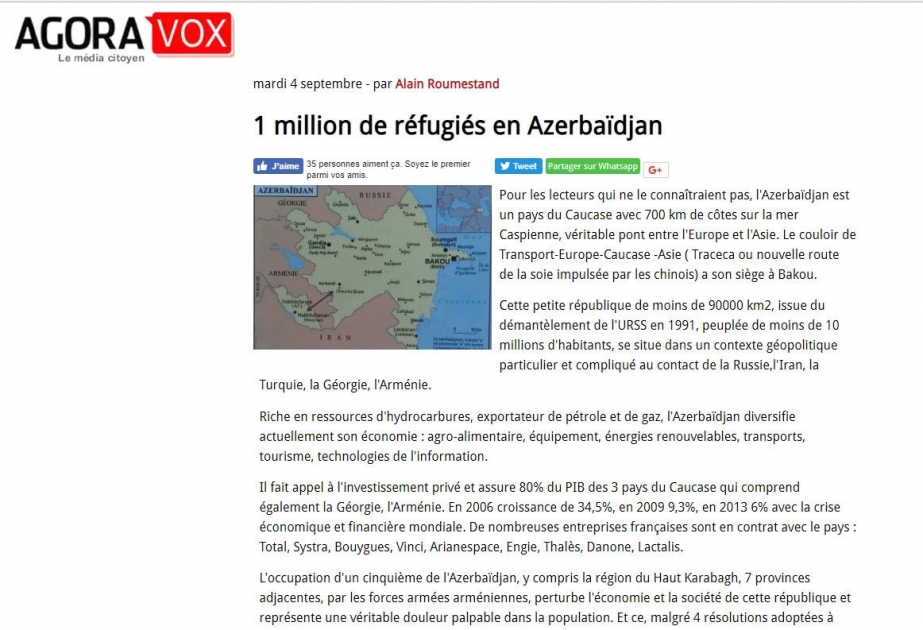 Fransa portalında Azərbaycan ərazilərinin Ermənistan tərəfindən işğal olunması barədə məqalə dərc edilib
