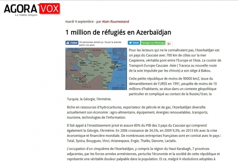 Un site français publie un article sur l’occupation des territoires azerbaïdjanais par l’Arménie