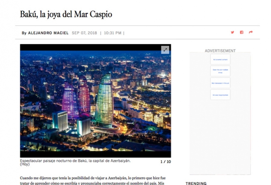 “Los Angeles Times” qəzetinin ispandilli versiyasında Bakının gözəlliyindən bəhs edən məqalə dərc olunub