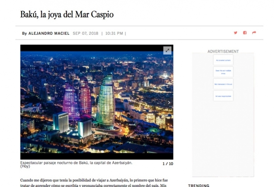 В испаноязычной версии газеты “Los Angeles Times” опубликована статья о красоте Баку