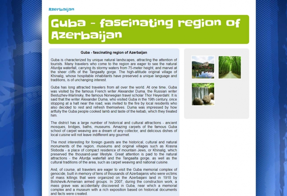 İsveçrənin səyahət portalında “Quba - Azərbaycanın heyranedici regionu” adlı məqalə dərc olunub