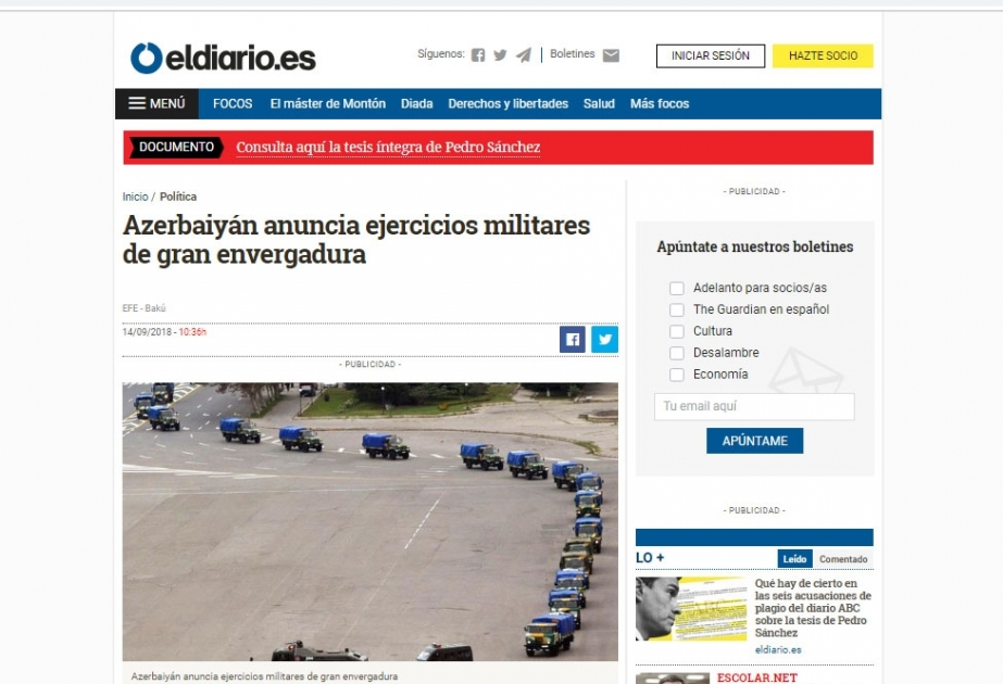 Azərbaycan Ordusunun genişmiqyaslı təlimlərə başlaması İspaniya mətbuatının diqqət mərkəzində