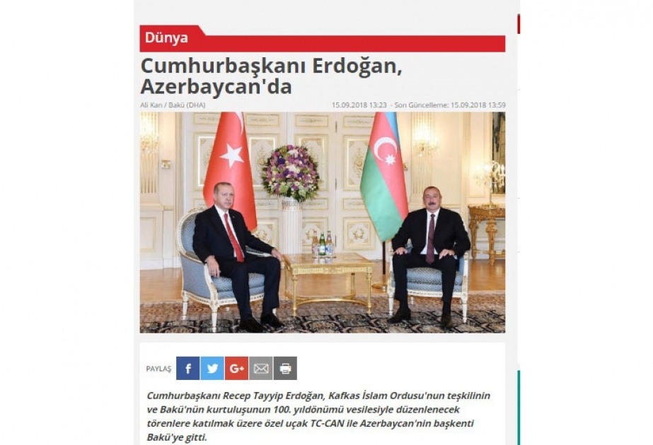 Türkiyə KİV-ləri Bakının azad olunmasının 100 illiyi münasibətilə keçirilən təntənəli paradı geniş işıqlandırıb