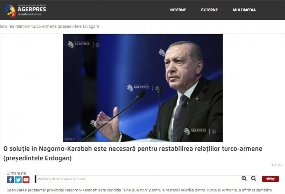 Rumıniyanın “AGERPRES” agentliyi Azərbaycanın ərazi bütövlüyünün bərpasına Türkiyənin dəstəyi barədə yazır