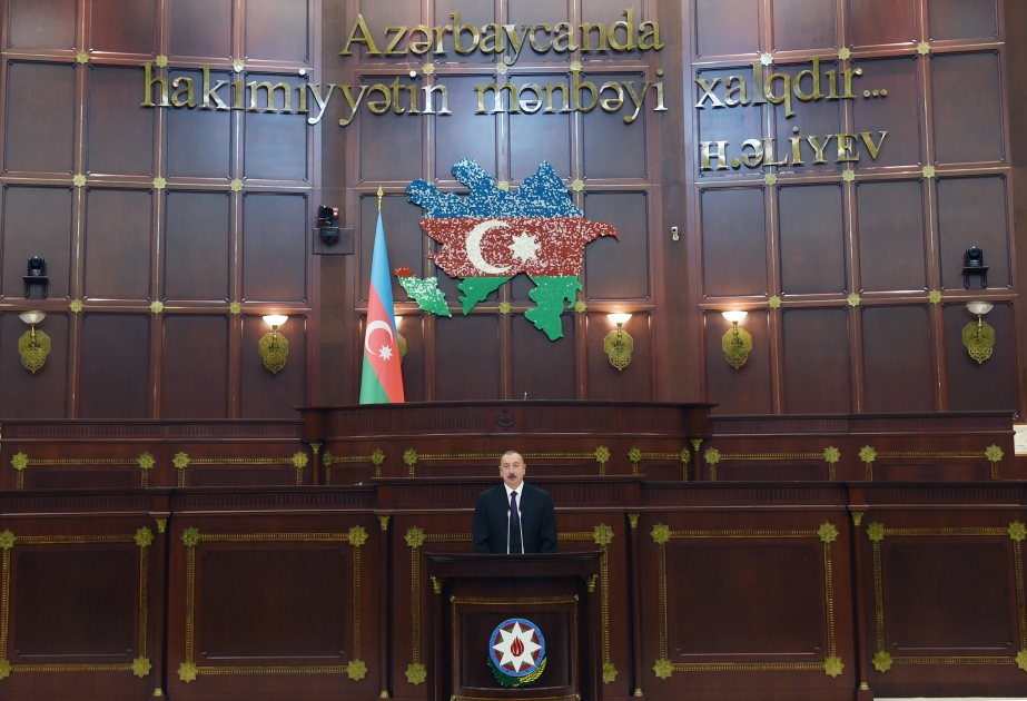 Solemn meeting marking centenary of Azerbaijani parliament was held at Milli Majlis  President Ilham Aliyev attended the meeting