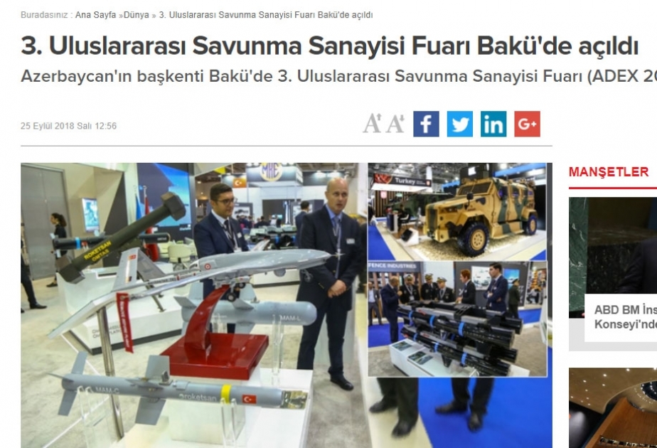 Türkiyə KİV-ləri “ADEX-2018” üçüncü Azərbaycan Beynəlxalq müdafiə sərgisi barədə yazır