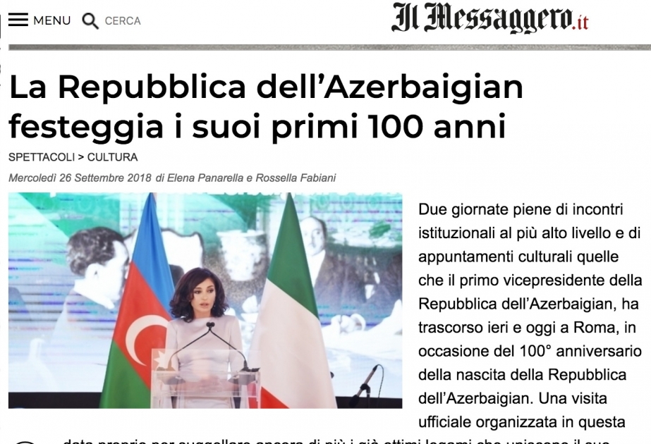 Birinci vitse-prezident Mehriban Əliyevanın İtaliyaya rəsmi səfəri bu ölkənin KİV-lərində geniş işıqlandırılıb