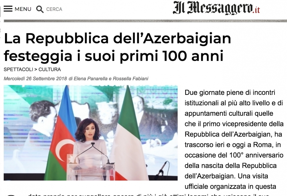 Azerbaijani First Vice-President Mehriban Aliyeva’s official visit in spotlight of Italian media