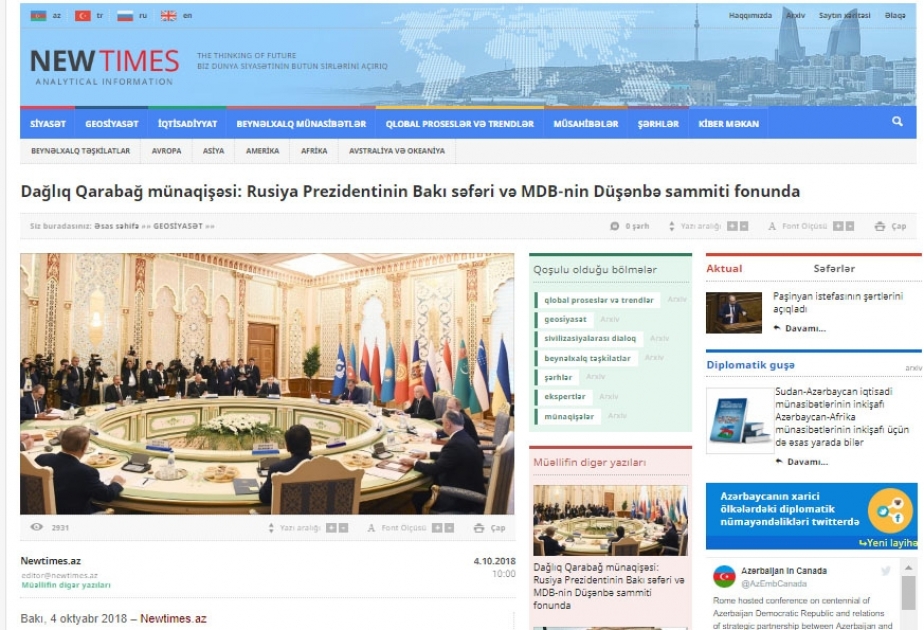 Dağlıq Qarabağ münaqişəsi: Rusiya Prezidentinin Bakı səfəri və MDB-nin Düşənbə sammiti fonunda