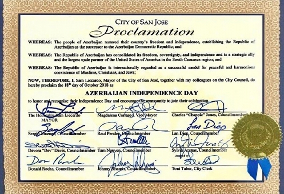 City of San Jose in California proclaims October 18 as ‘Azerbaijan Independence Day’