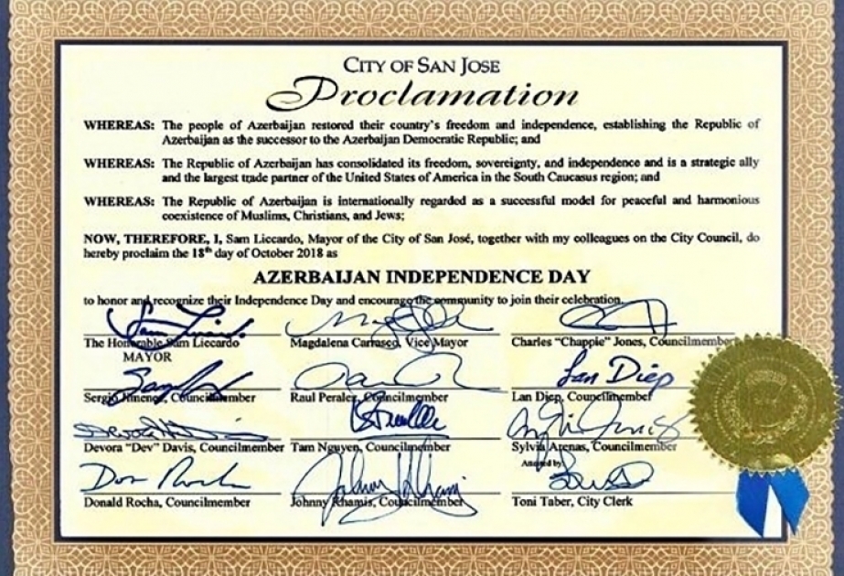 В городе Сан-Хосе Калифорнии 18 октября объявлено «Днем независимости Азербайджана»