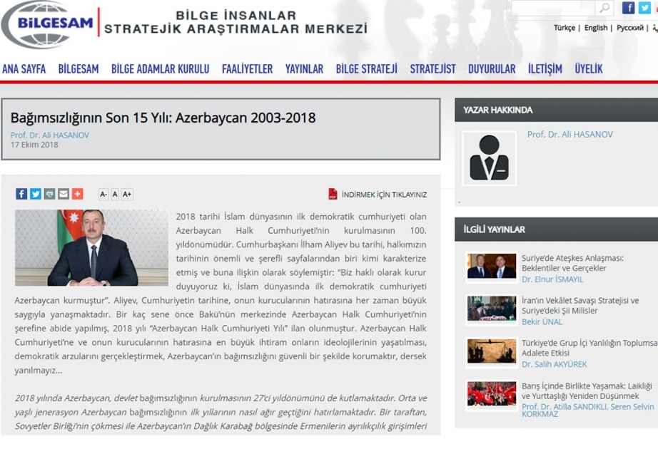 Xarici KİV-lər “On beş illik prezidentlik dövrünün möhtəşəm zəfər salnaməsi” məqaləsini yaymaqda davam edir