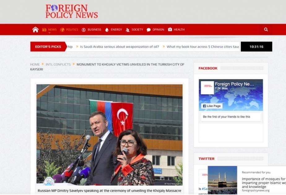 “Foreign Policy News”: Kayseride Xocalı qurbanlarının xatirəsinə abidə ucaldılıb