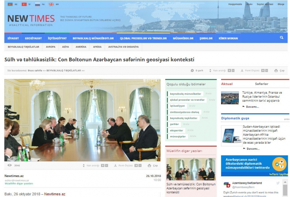 Sülh və təhlükəsizlik: Con Boltonun Azərbaycan səfərinin geosiyasi konteksti