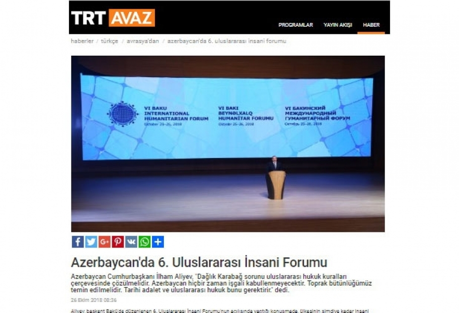 Türkiyə KİV-ləri VI Bakı Forumundan yazır