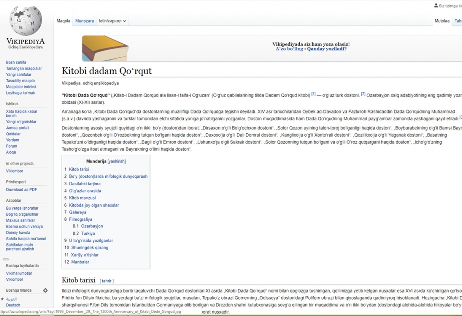 “Wikipedia”da “Kitabi-Dədə Qorqud” və “Koroğlu” dastanları haqqında özbək dilində bölmələr istifadəyə verilib