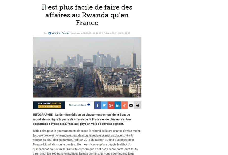 “Le Figaro” Dünya Bankının “Doing Business 2019” hesabatı üzrə ölkələrin reytinqini təhlil edib